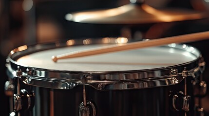 Obraz premium Close-Up View of a Drum Surface with a Wooden Stick Ready to Strike, Ideal for Music, Rhythm, and Percussion Themes in Studio Setting