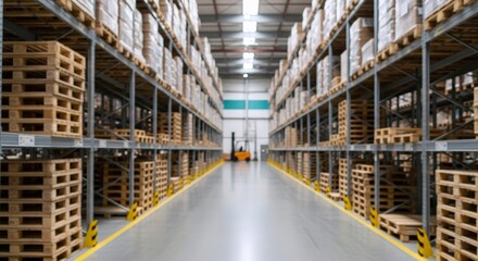 Vast modern warehouse facility showcases organized towering metal shelving filled with stacked wooden pallets and goods, ready for efficient logistics and global commerce