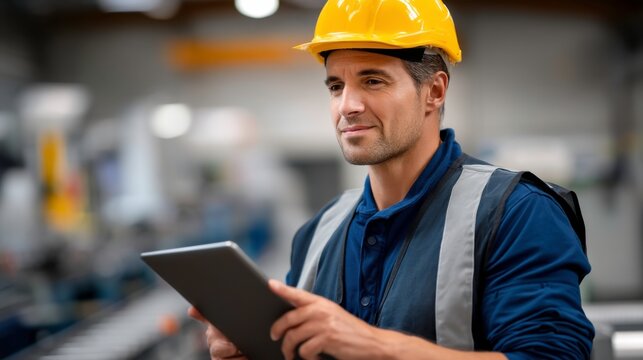Industry worker using tablet for project management manufacturing facility digital content indoor environment engaged viewpoint - Powered by Adobe