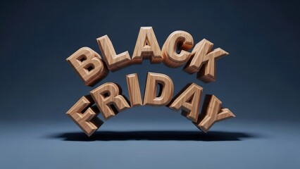 Black Friday sale event text, rendered dynamically in textured wood, floats against a moody dark blue background for retail promotions and holiday shopping