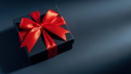 Black gift box tied with a vibrant red satin bow rests elegantly on a dark background, evoking festive celebration and luxurious surprise