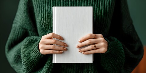 Person in green knitted sweater holding blank white book or journal against dark background, showcasing minimalist design aesthetic.