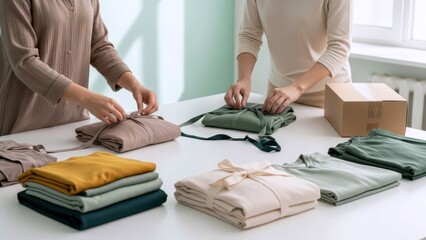 Dedicated entrepreneurs meticulously prepare fashion orders, tying ribbons on neatly folded clothing stacks of natural fabrics for eco-friendly customer delivery
