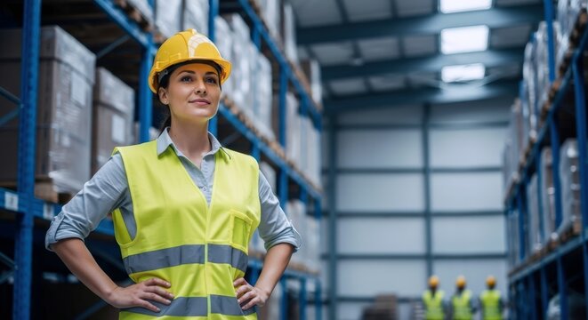 Competent female worker wearing vibrant yellow safety gear stands confidently within a busy, organized warehouse overseeing modern distribution operations