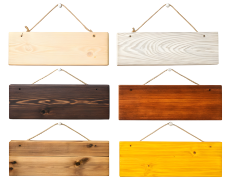 Set of six wood signs of various colors hanging by ropes with thumbtacks - rustic, vintage, wooden texture - 144 characters