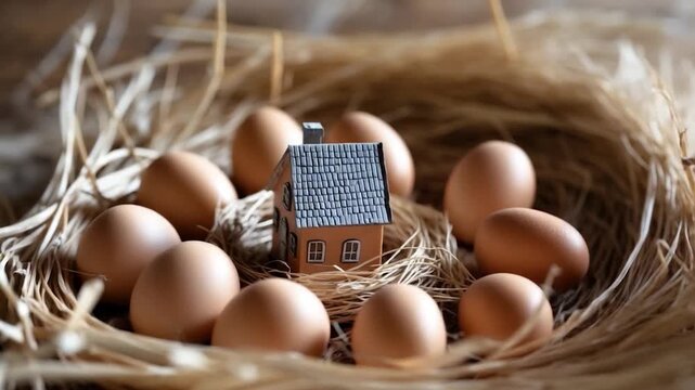 Close-up view of a small model house surrounded by brown eggs in a straw nest showcasing a series of similar frames that highlight the arrangement and texture in natural light