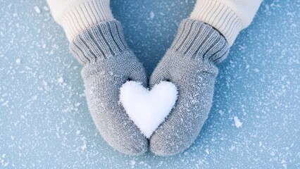 Hands in cozy gray mittens gently cup a pristine white snow heart against a soft blue winter background, symbolizing love and warmth