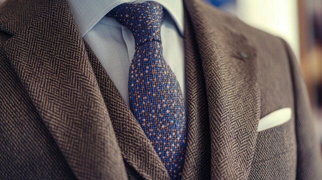 Elegant tailored men’s suit with intricate herringbone pattern, refined tie, and classic pocket square, perfect for formal events or professional settings