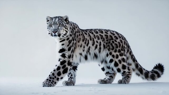 Snow leopard walking gracefully through a snowy landscape showcasing its striking coat with large black spots against a smooth white backdrop captured in three phases from beginning to end