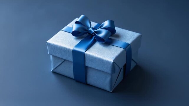 Close-up view of a beautifully wrapped blue gift box adorned with a large ribbon placed on a smooth dark background showcasing consistent frame composition throughout the clip
