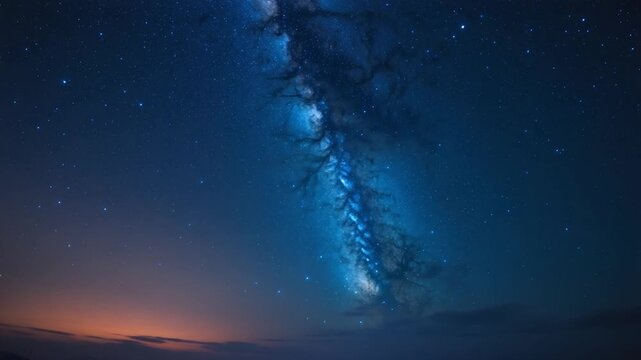 Stunning panoramic view of a dark night sky filled with bright stars and a glowing Milky Way galaxy slowly shifting with a gradual transition from twilight to deeper colors illuminated cloud layers.