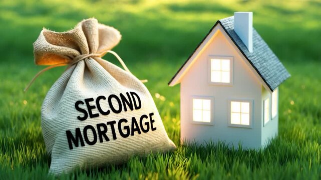 A close-up of a burlap sack labeled 'Second Mortgage' beside a small illuminated house resting on green grass under soft natural light showcasing textures and colors in a serene outdoor setting