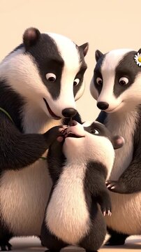 Adorable 3D animated badger family, featuring two adult badgers looking lovingly at their cheerful baby kit who is playing, suitable for children's entertainment. Vertical. Video. Portrait Orientation