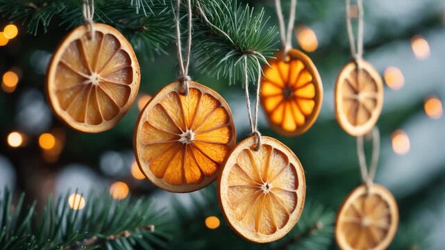 Homemade dried orange slices hanging on a Christmas tree branch surrounded by soft natural light and festive bokeh showcasing warm colors and circular shapes in a holiday setting