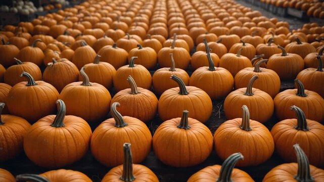Wide view of rows of bright orange pumpkins arranged symmetrically in a sprawling outdoor patch with soft natural lighting and a blurred background showcasing a harvest setting