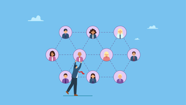 Businessman HR put people on team or group connecting line. Employee or staff management, HR human resource, company people management, work connection, community or teamwork, recruitment.
