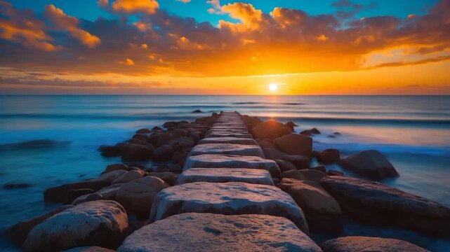 Serene beach pathway leading to the ocean under a vibrant orange sunset with soft waves gently flowing against the rocky jetty creating a tranquil coastal scene.