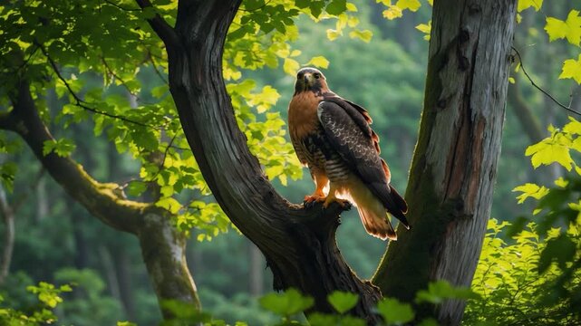 Majestic hawk perched on a weathered tree branch surrounded by lush green foliage illuminated by soft natural light showcasing intricate feather patterns and vibrant colors from different angles