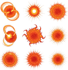 Create a kinds of deferent Fiery sun, detailed solar flare imagery vector art with white background..