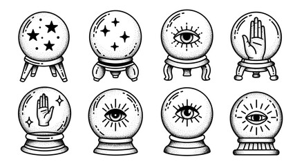 Collection of Mystical Crystal Balls with Esoteric Symbols.