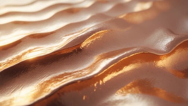 Close-up of dynamic wavy copper surface with glossy texture reflecting soft light in a minimalistic setting showcasing smooth contours and warm metallic hues