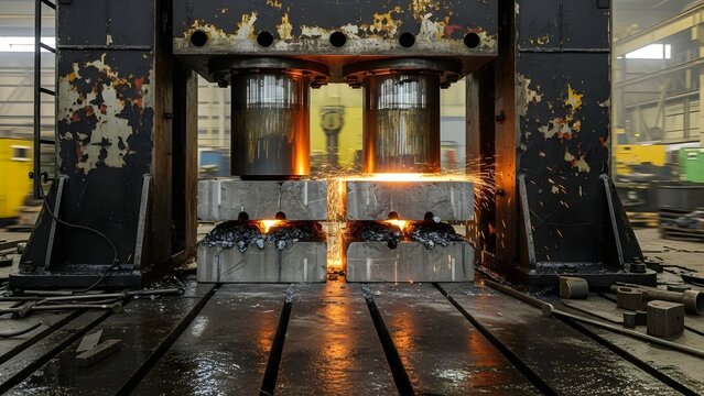 A large industrial press machine forging metal with sparks flying in a factory setting indoors - Powered by Adobe