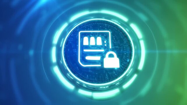 A glowing, digital-style icon of a document with a padlock inside a circular, layered design