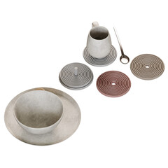 Set of ceramic coffee mugs and saucers are displayed on a white background