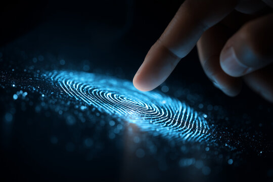 Blue fingerprint scan icon on virtual screen while finger scanning for security access with biometrics identification on dark. Cyber security, privacy data protection technology for business