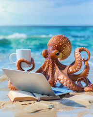 An octopus on the beach multitasking with a laptop, coffee mug, and a book by the ocean