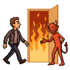 pixel art isolated background of devil open door to hell