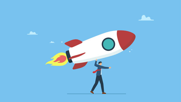 Businessman entrepreneur launching company rocket alone. Solopreneur solo entrepreneur, working alone or startup business owner, founder or entrepreneurship, independent developer, freelancer.