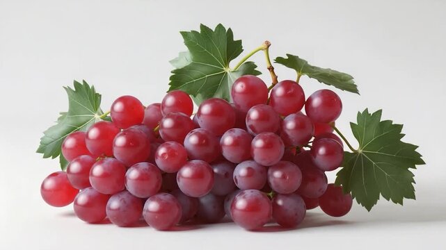 Close-up of fresh red grapes displaying vibrant colors and lush green leaves arranged elegantly on a soft gray background highlighting smooth textures and natural light transitions