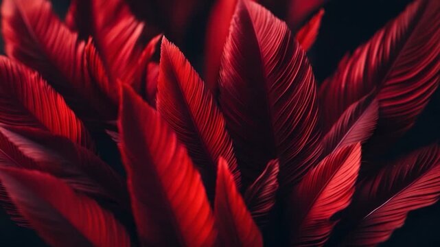 Close-up of vibrant red decorative feathers with smooth textures arranged in clusters showcasing rich colors and intricate patterns against a dark background in a soft light setting