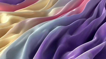 Abstract background with pastel colors and wavy shapes, elegant design, soft curves, fluid lines, digital art style, close-up shot, three-dimensional effect, flowing fabric-like textures