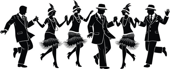 1920s dance silhouette, vintage fashion, Charleston dancers, flapper style, retro entertainment, black and white, coordinated routine, roaring twenties celebration