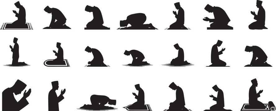 Muslim prayer icons set of Islamic salah positions black silhouette vector elements