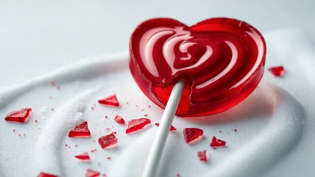 Close-up of a glossy red heart-shaped lollipop on a smooth white surface showcasing the gradual melting process and scattered small red candy pieces throughout the scene