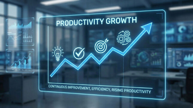 Continuous improvement, productivity growth concept. Pointing upward digital growth line with icons for ideas, checks, targets and processes. Continuous improvement, efficiency