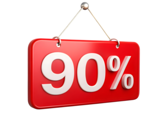 Red hanging sign announcing 90% percent discount: eye-catching visual for retail promotions, sales, and marketing campaigns (144 characters)