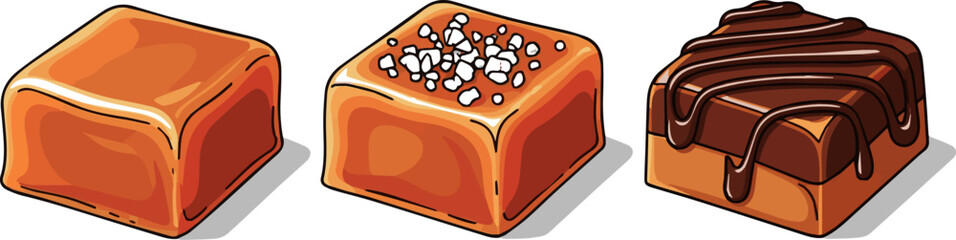 Create a kinds of deferent Three delicious caramel squares vector art with white background