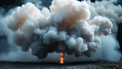 Dramatic smoke explosion plume billowing upward with intense orange and gray hues filling a dark industrial space with thick swirling clouds of smoke and glowing light at the base - Powered by Adobe