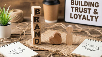 Building brand with customer loyalty concept. Wooden blocks spelling "BRAND," and a heart and person icon.