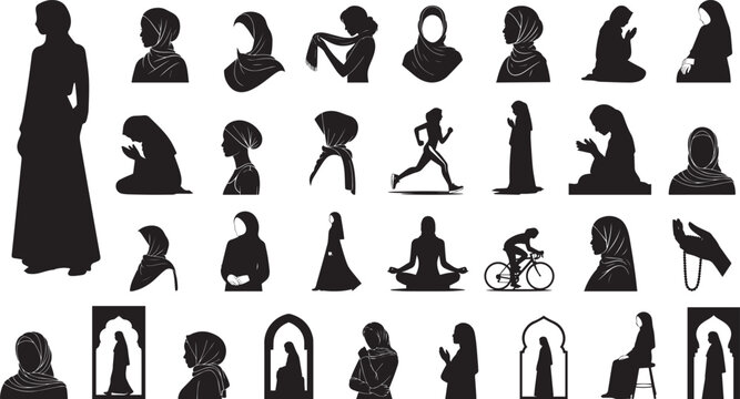 Muslim woman with hijab prayer and lifestyle icons set black silhouette vector elements