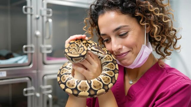 close up of a happy veterinarian gently holding a calm snake in a clinic environment showing care and comfort for exotic animals