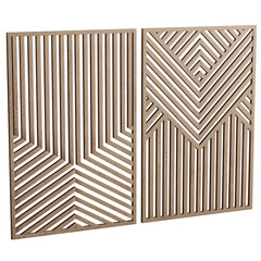 Two wooden panels with a pattern of lines and triangles
