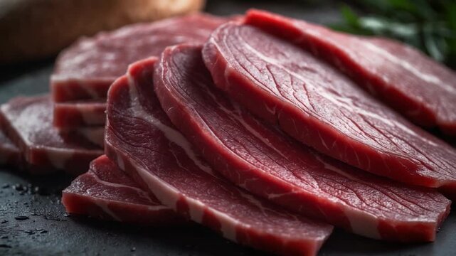 Close-up view of premium fresh red beef slices neatly arranged on a dark stone surface with soft natural lighting highlighting the fine marbling and textures of the meat