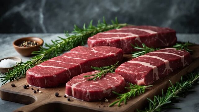 Close-up of raw beef steak cuts arranged on a wooden board with fresh rosemary sprigs showcasing rich red color and natural textures under soft diffused lighting