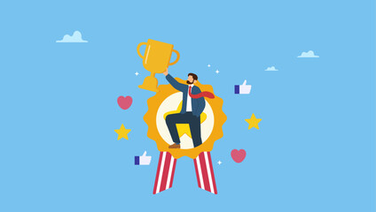 Success businessman holding trophy badge. Employee of the month award winner, high performance champion, gold medal reward, success or victory recognition prize, leadership or achievement.