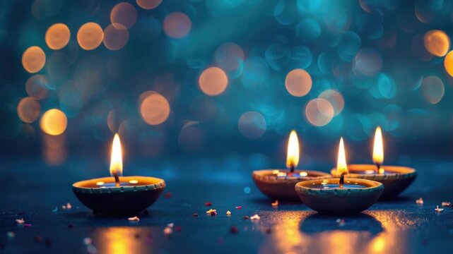 Burning candles arranged in peaceful rows at night<br>glowing softly with warm golden illumination creating calm atmosphere of reflection 4K HD Video
